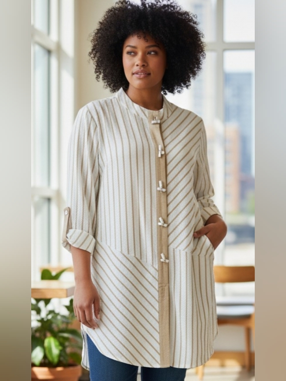 Moonlight Striped Longline Tunic with Toggle Closure - Cream/Tan